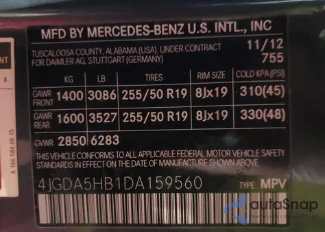 2013 Mercedes-Benz Ml 350 4Matic from USA, damaged, VIN 4JGDA5HB1DA159560
